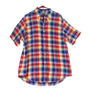 Ralph Lauren Men’s XL Red Blue Plaid‎ 100% Linen SS Button Shirt Preppy Casual